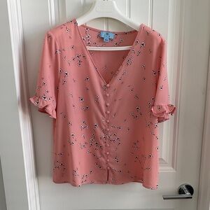 CeCe Coral Pink Floral V-Neck Blouse